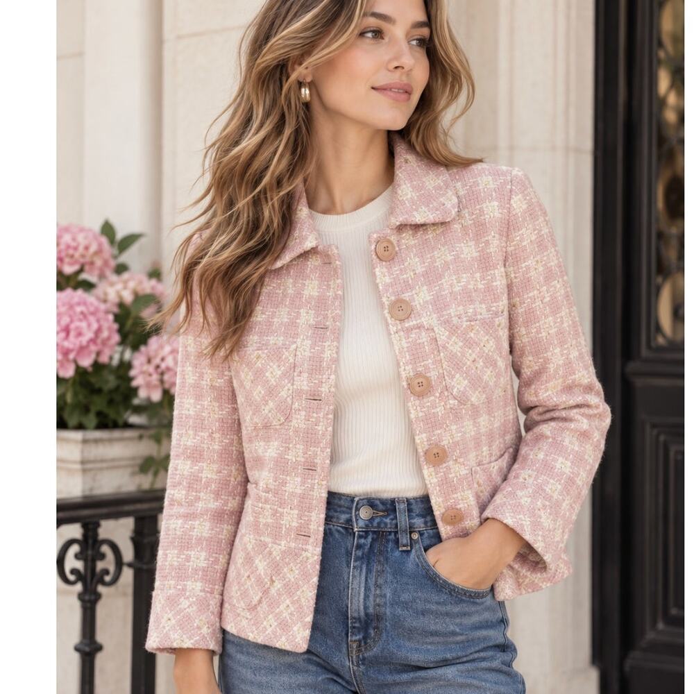 Georgiou Studio Pink Plaid Wool Blend Jacket Blazer Size 4 Preppy Academia
